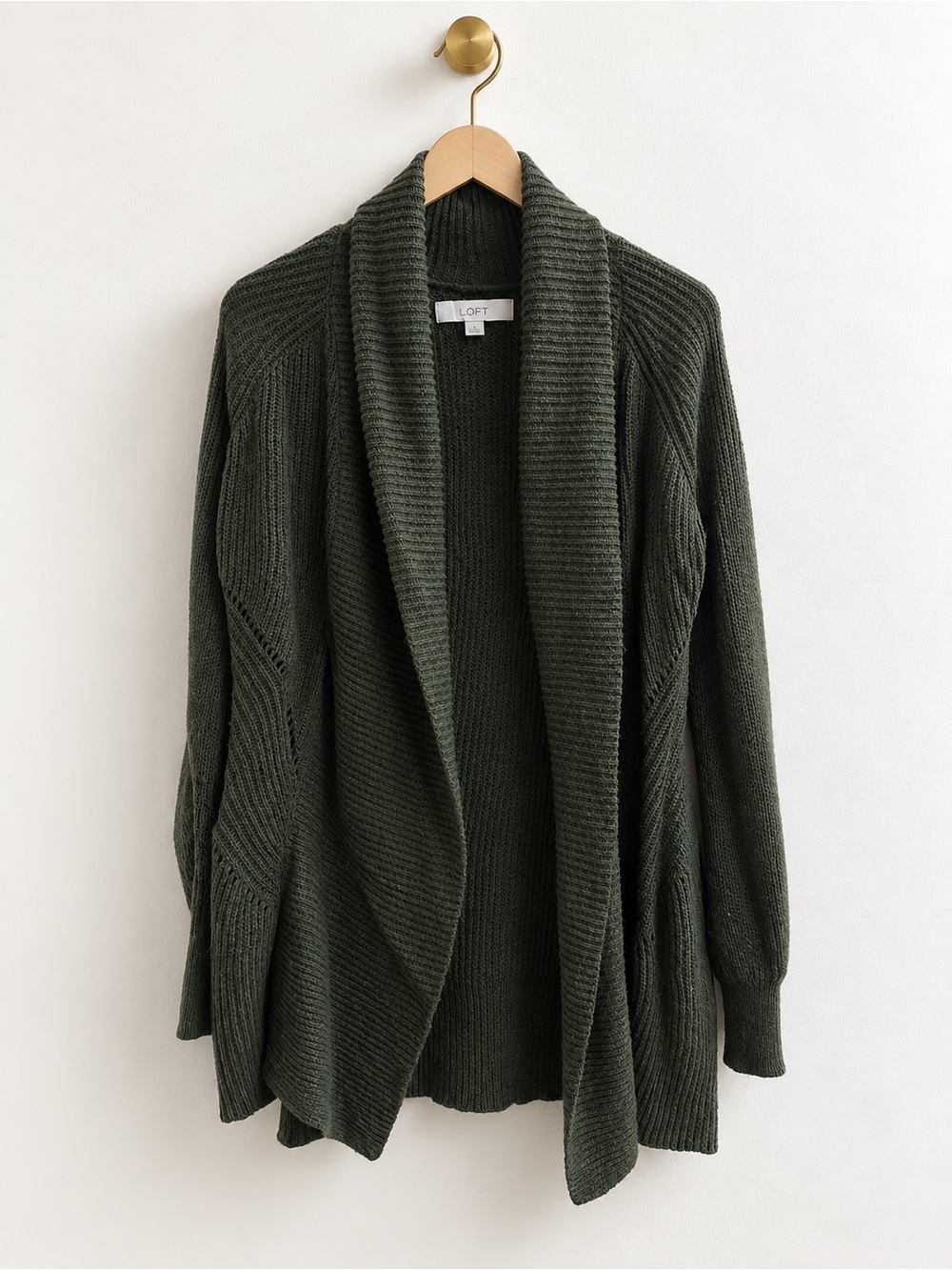 LOFT Olive Green Open Front Shawl Collar Cardigan Sweater XS Wool Blend
